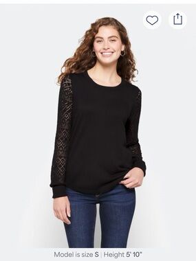 Lety & Me Black Lace-Sleeve Women’s Top - Classic Crew Neck